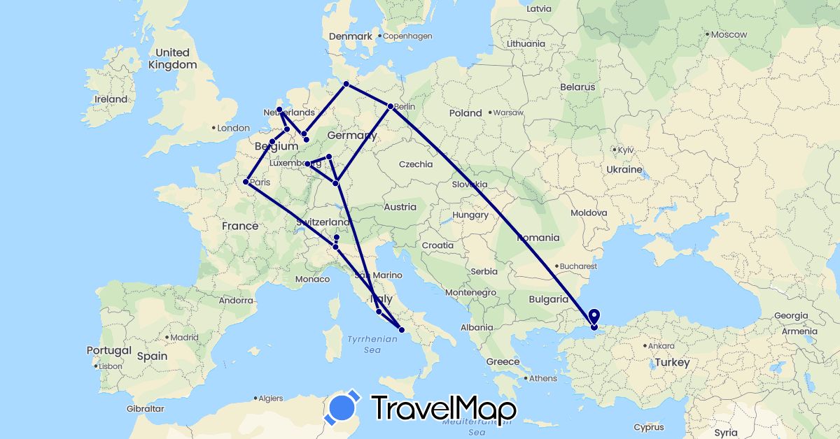 TravelMap itinerary: driving in Belgium, Germany, France, Italy, Netherlands, Turkey (Asia, Europe)