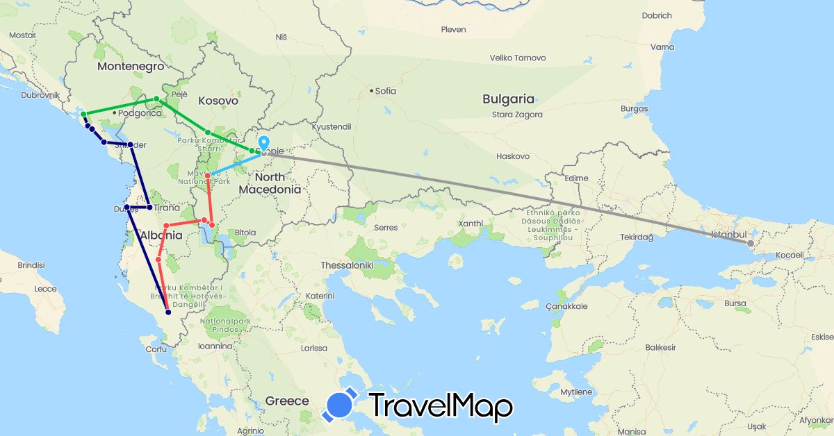 TravelMap itinerary: driving, bus, plane, hiking, boat in Albania, Montenegro, Macedonia, Turkey, Kosovo (Asia, Europe)