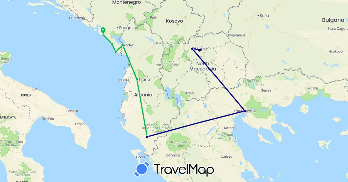 TravelMap itinerary: driving, bus in Albania, Greece, Montenegro, Macedonia (Europe)