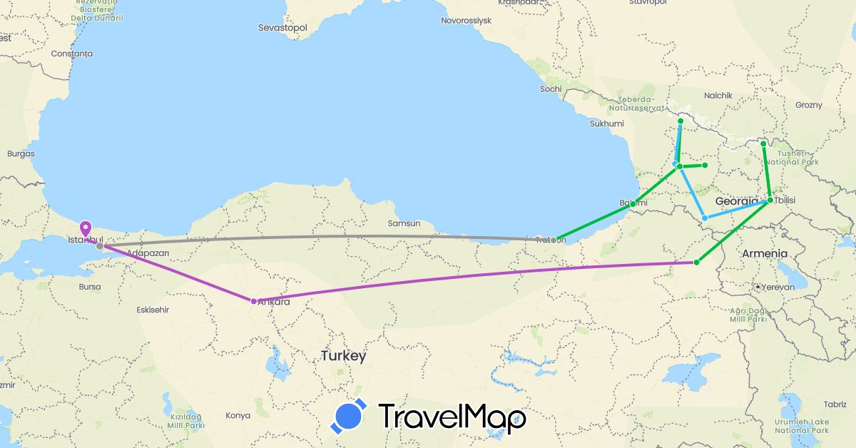 TravelMap itinerary: driving, bus, plane, train, boat in Georgia, Turkey (Asia)
